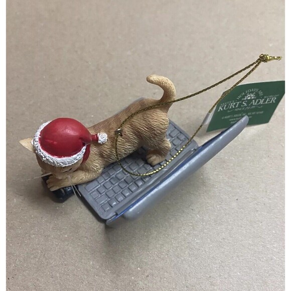 Kurt Adler Lap Top Cat Ornament Orange Tabby Mouse Manager NWT green eyes - Picture 4 of 8